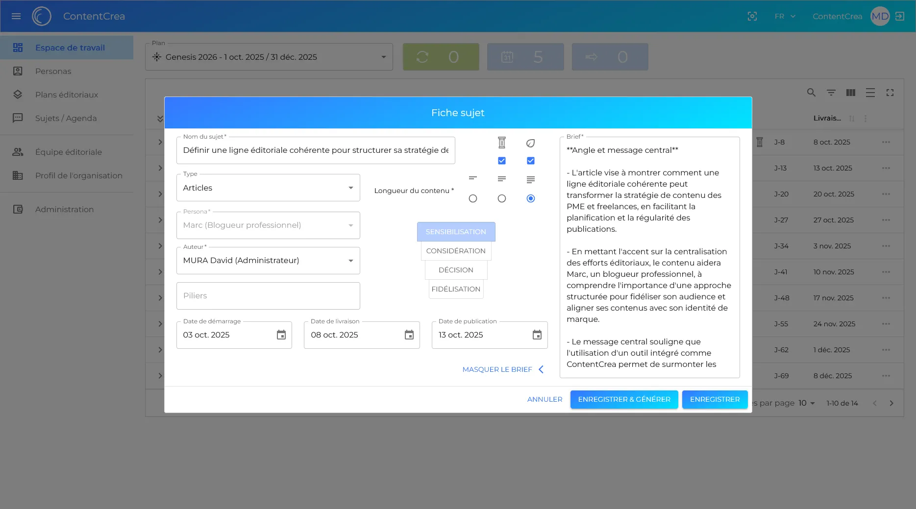 ContentCrea Topic specifications. The editorial content marketer sets the information needed to write about a topic
